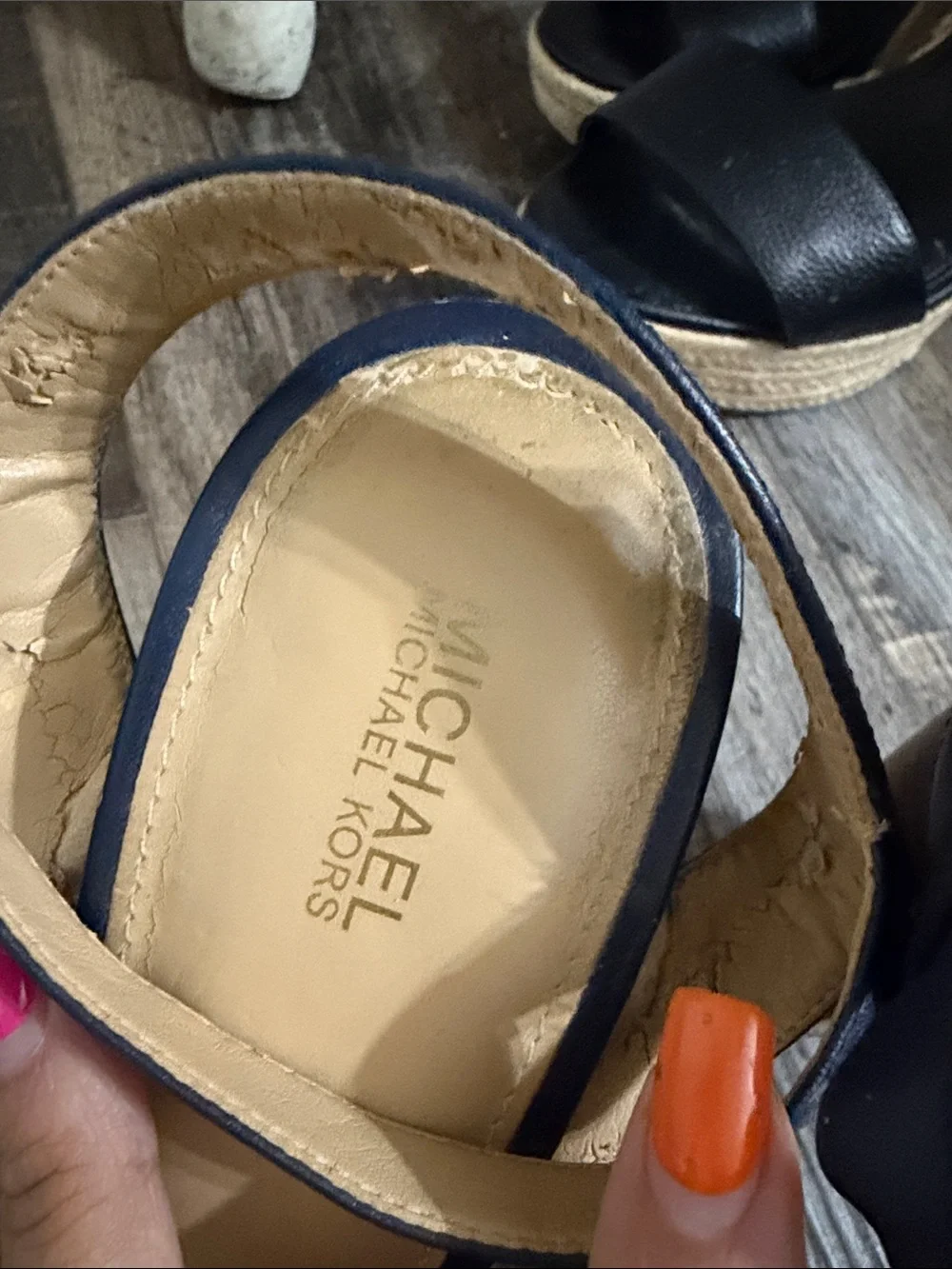 Women’s Navy Platform Sandals with Wood-Textured Heel 10M